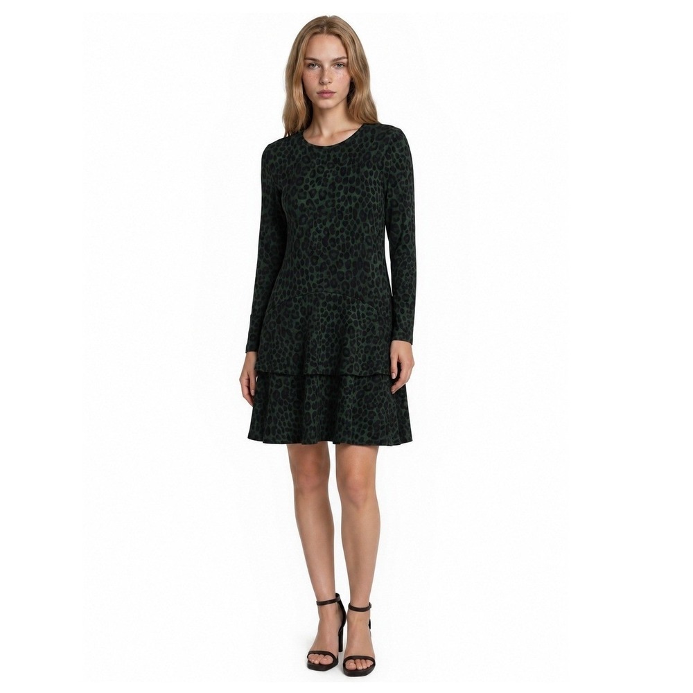 Michael Kors Green Leopard Print Ruffle Hem Dress Womens Size Medium Long Sleeve - Picture 2 of 11